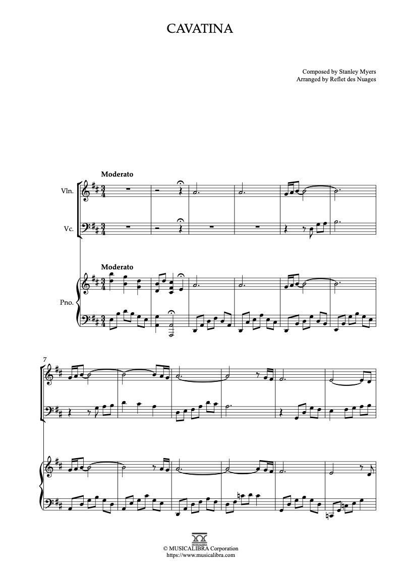 Partitura de Cavatina arreglada para trío de violín, violonchelo y piano