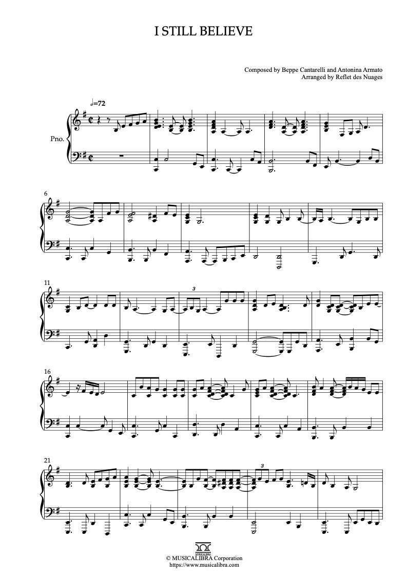 Sheet music of Mariah Carey I Still Believe arranged for piano solo preview page 1