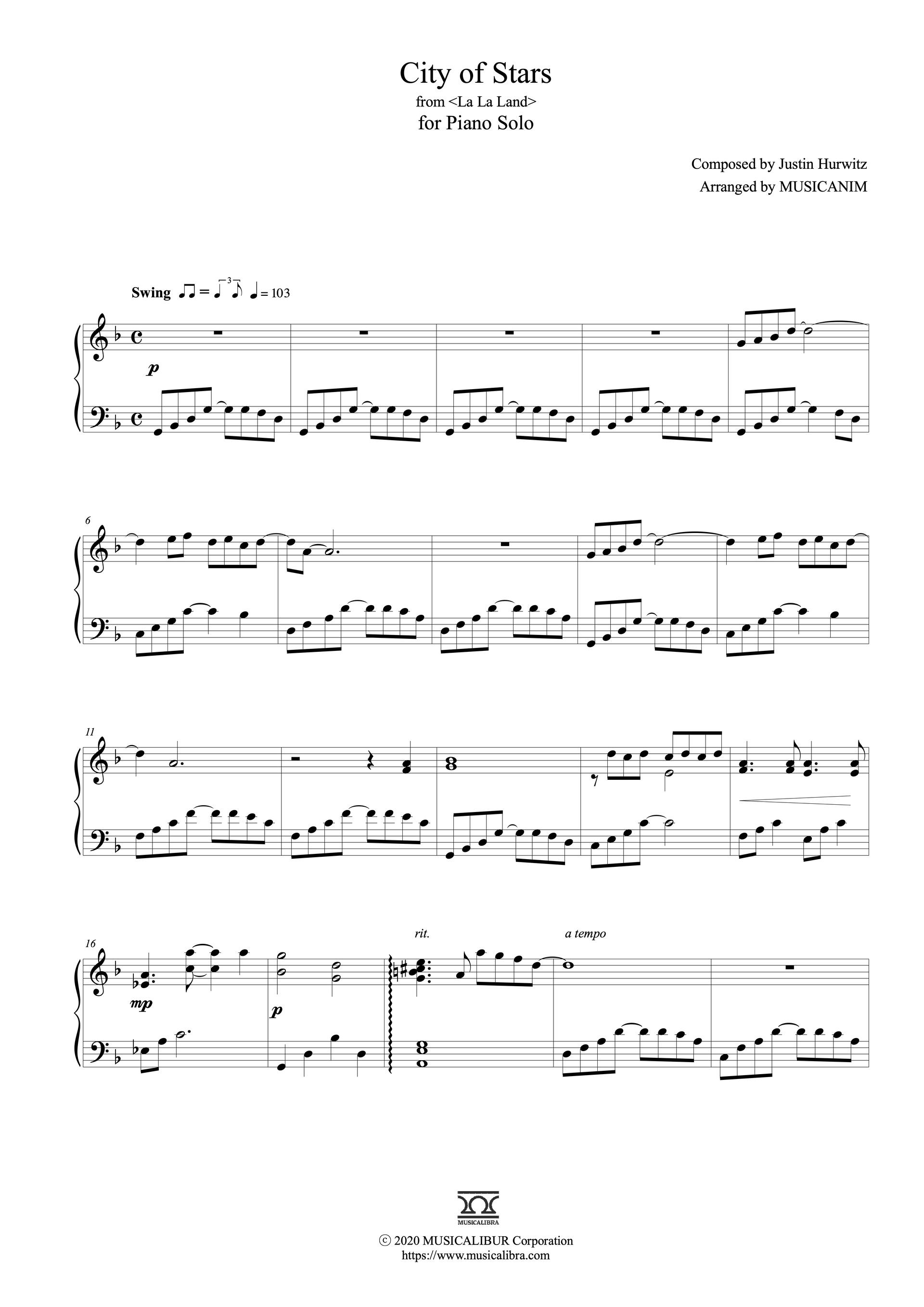 Piano Solo 악보] City Of Stars From La La Land 피아노 악보 : Musicalibra