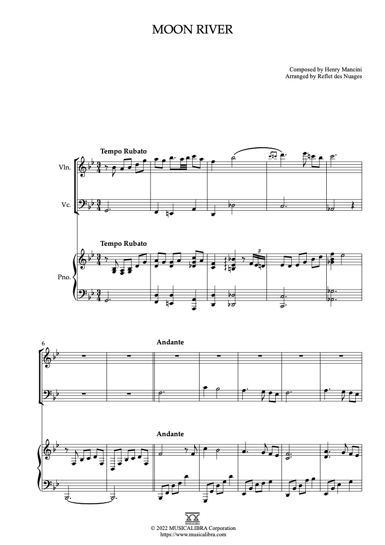 Moon River 三重奏 乐谱 - 小提琴, 大提琴, 钢琴