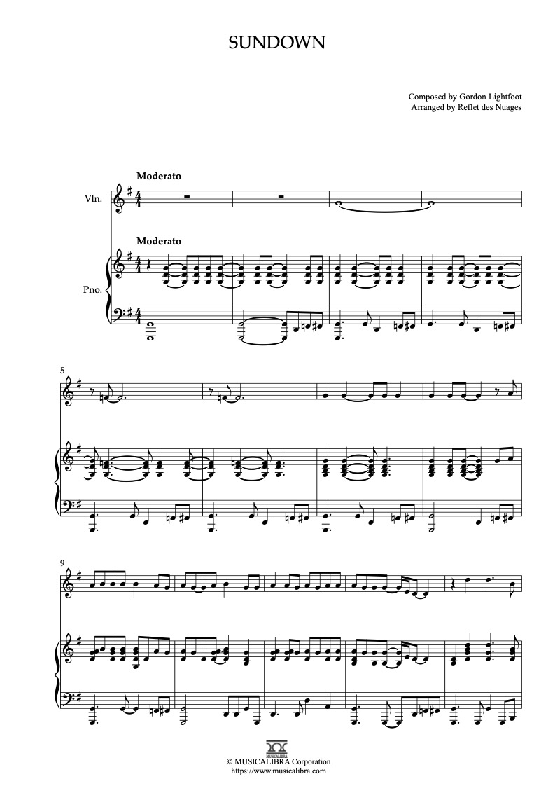 Partitura de Gordon Lightfoot Sundown arreglada para dueto de violín y piano