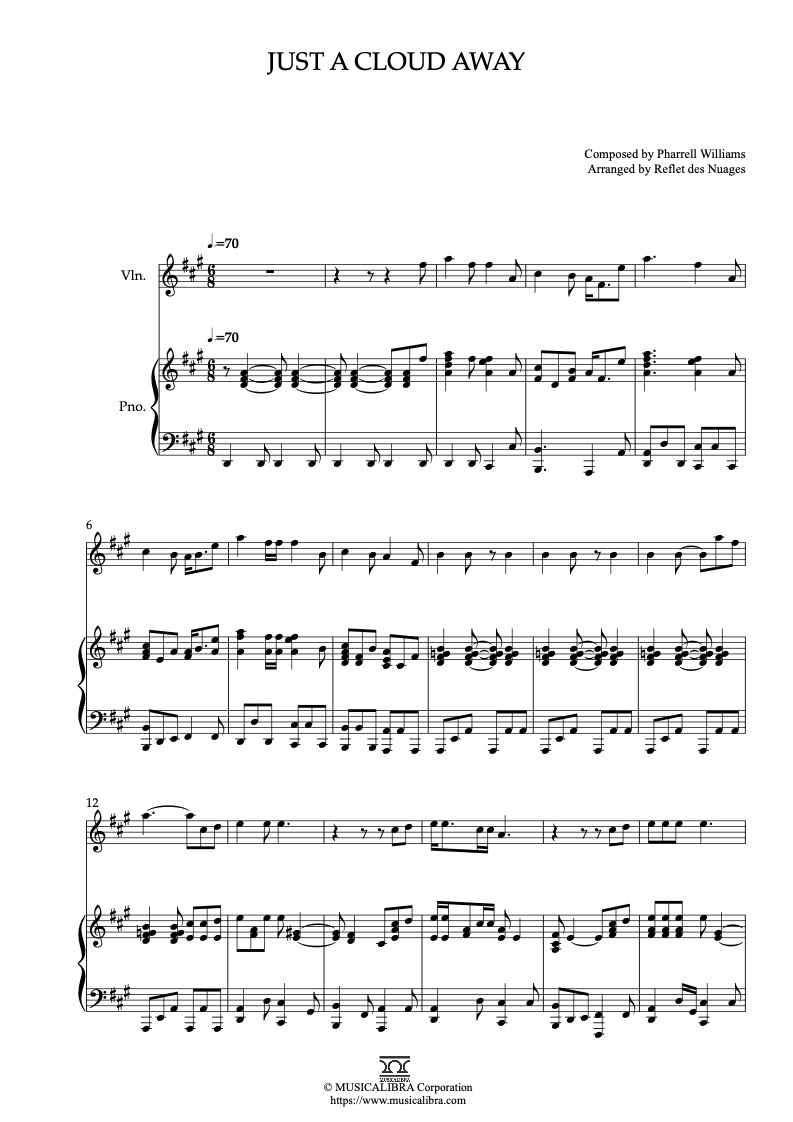 Sheet music of Despicable Me 2 Just a Cloud Away arranged for violin and piano duet chamber ensemble preview page 1