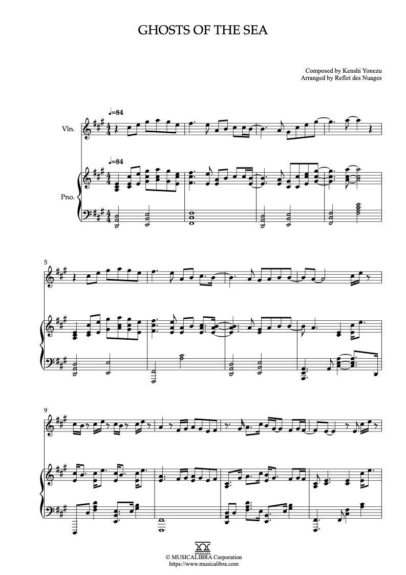 Sheet music of Ghosts of the Sea arranged for violin and piano duet chamber ensemble preview page 1
