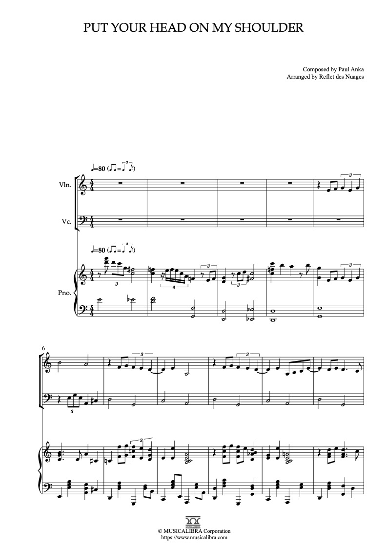 Sheet music of Paul Anka Put Your Head on My Shoulder arranged for violin, cello and piano trio chamber ensemble preview page 1