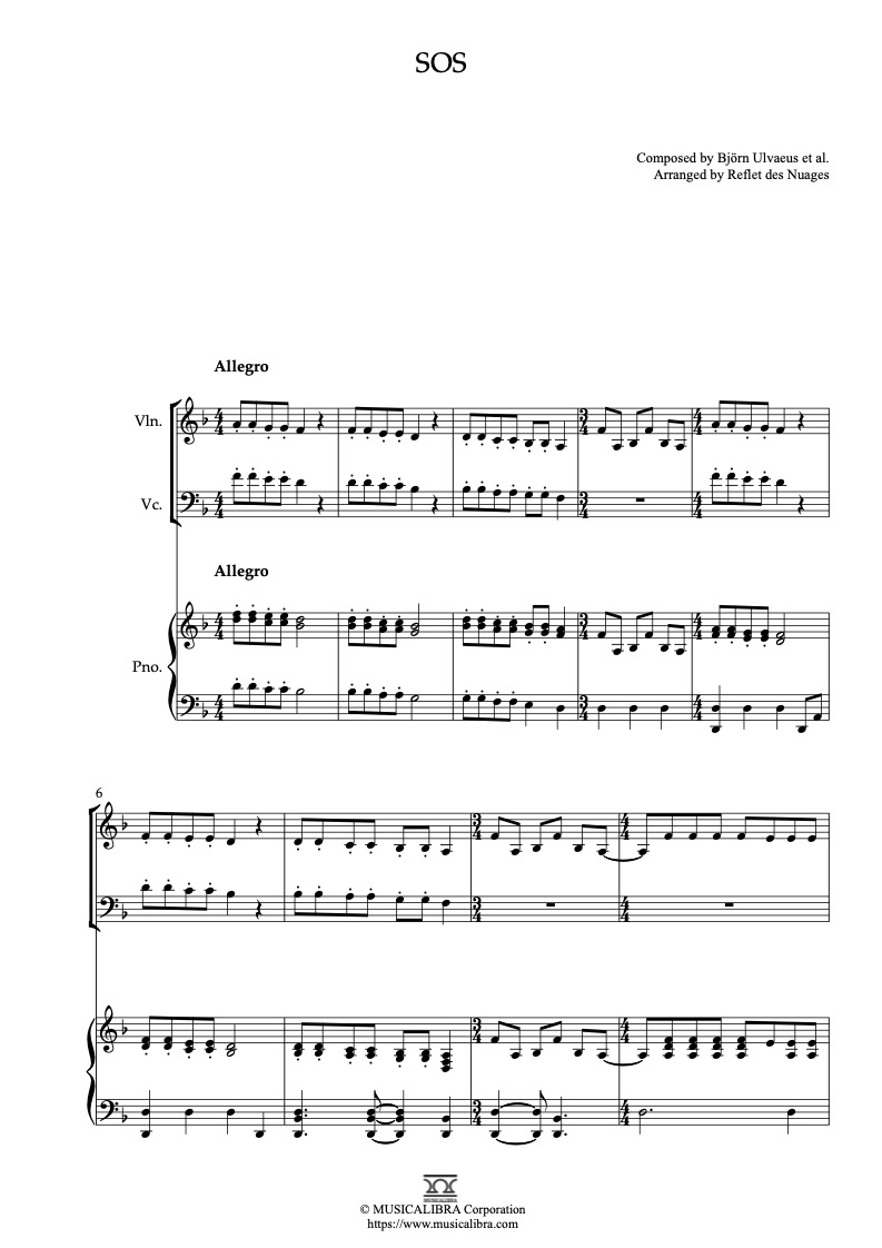 Partitura de Abba SOS arreglada para trío de violín, violonchelo y piano