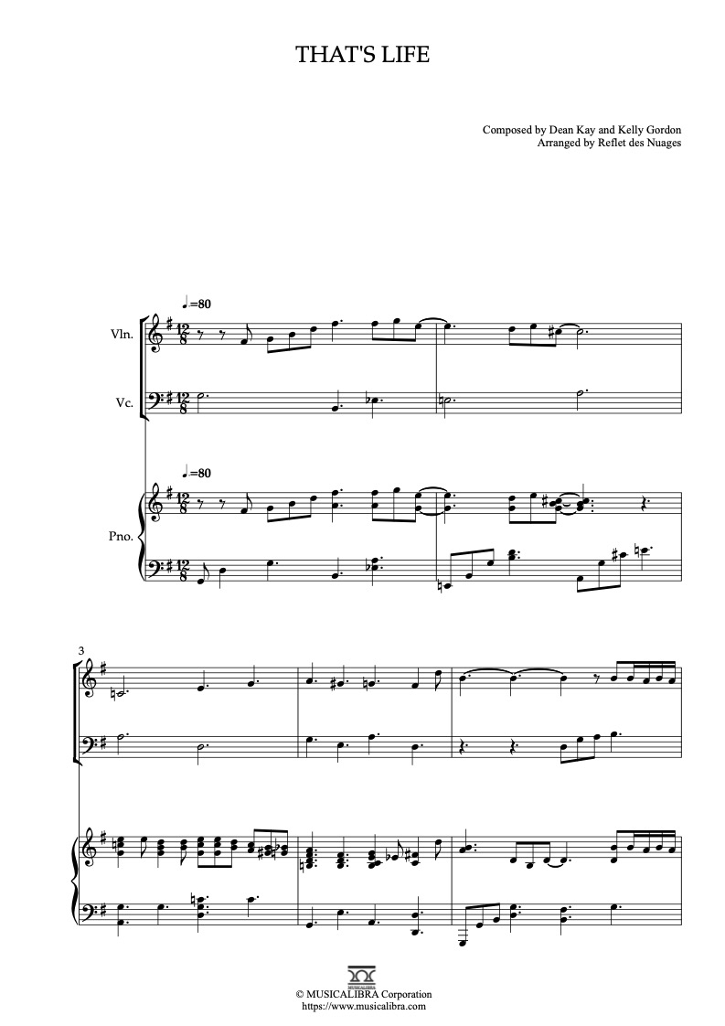 Partitura de Frank Sinatra That's Life arreglada para trío de violín, violonchelo y piano