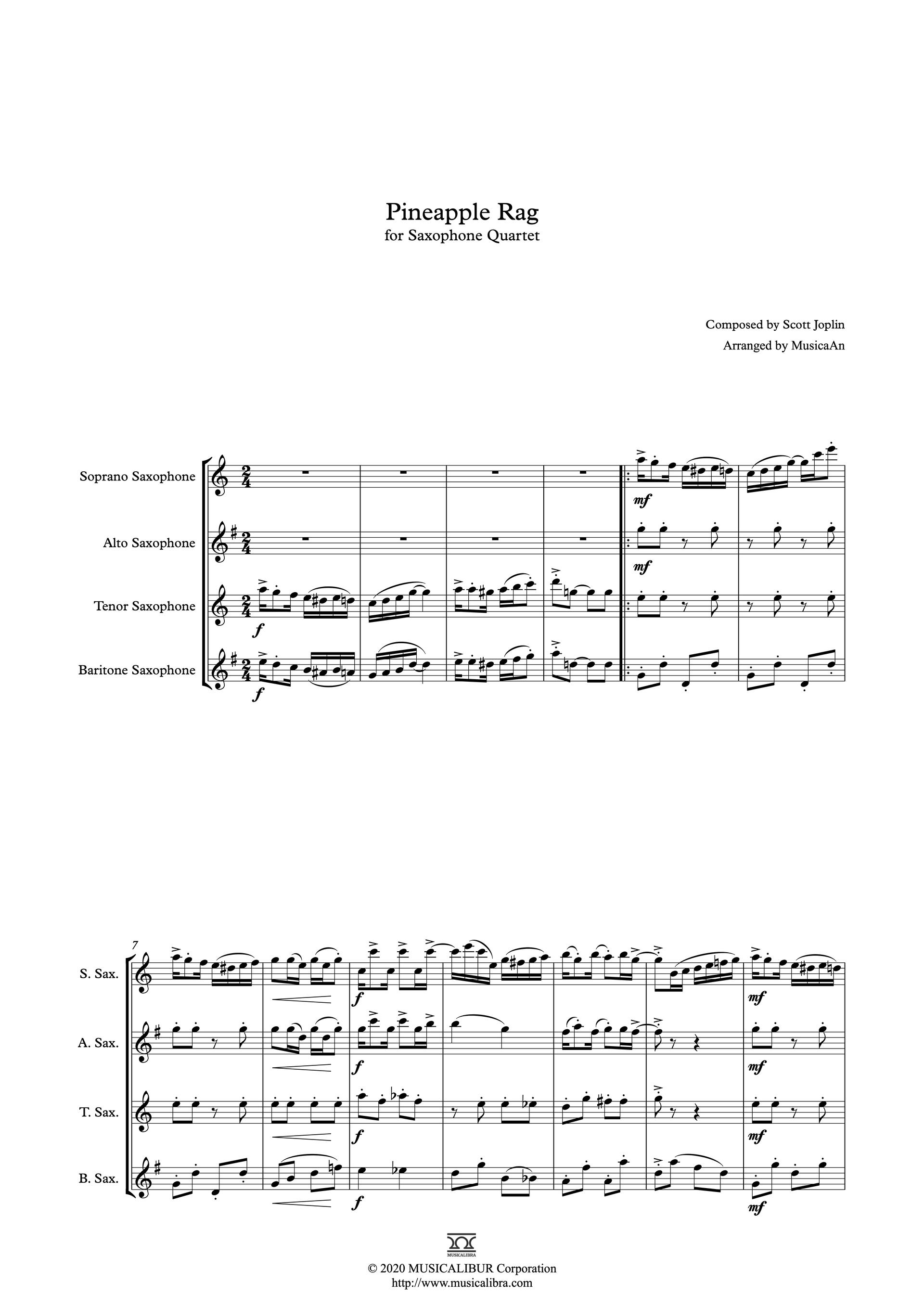 [QUARTET SHEET MUSIC] Pineapple Rag for Saxophone : MUSICALIBRA