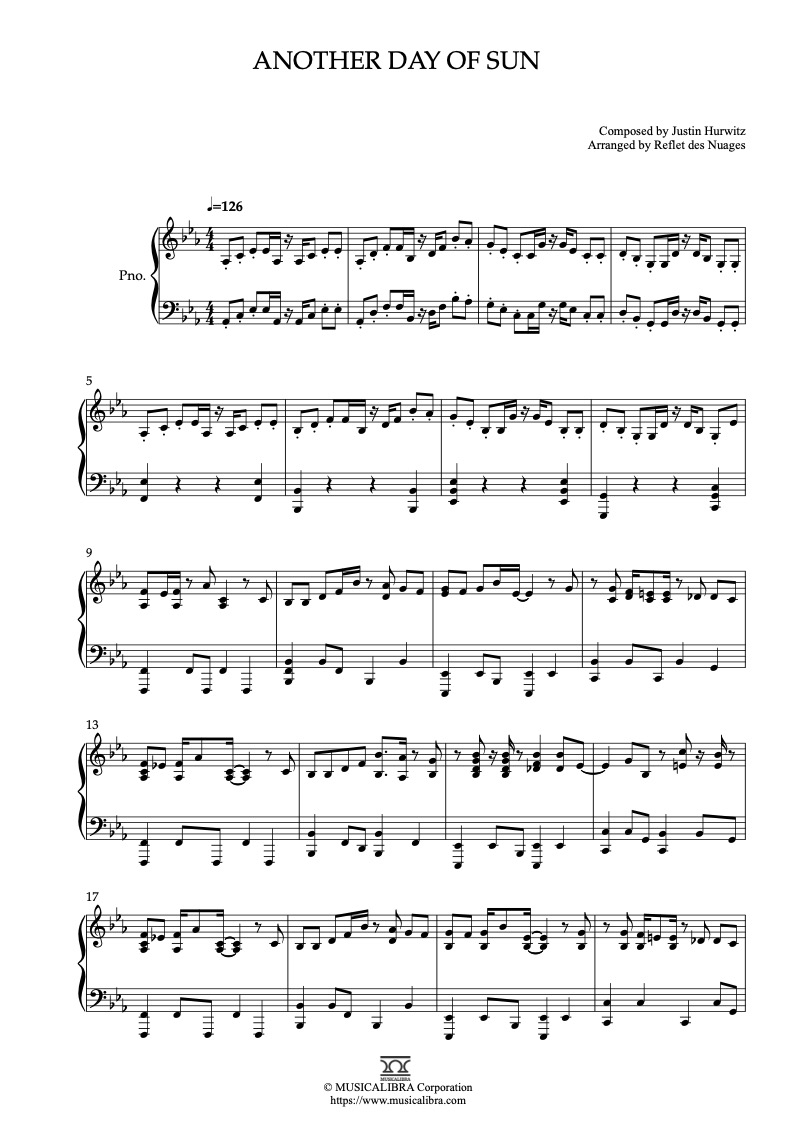 Partitura de La La Land Another Day of Sun arreglada para piano solo