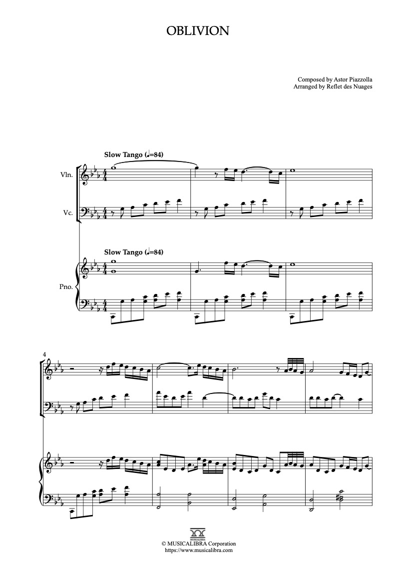 Astor Piazzolla Oblivion 三重奏 樂譜 - 小提琴, 大提琴, 鋼琴