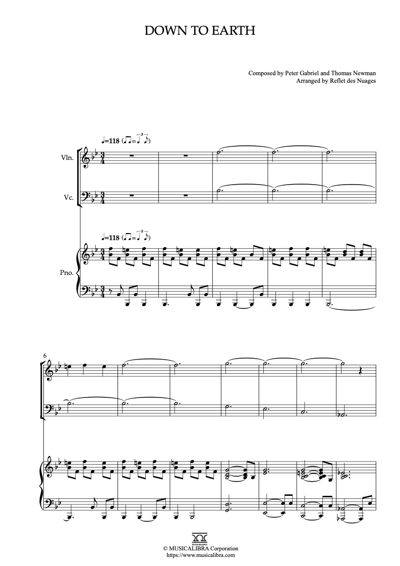 Partitura de Wall-E Down to Earth arreglada para trío de violín, violonchelo y piano