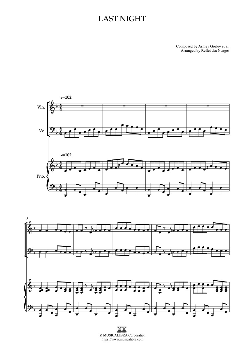 Partitura de Morgan Wallen Last Night arreglada para trío de violín, violonchelo y piano