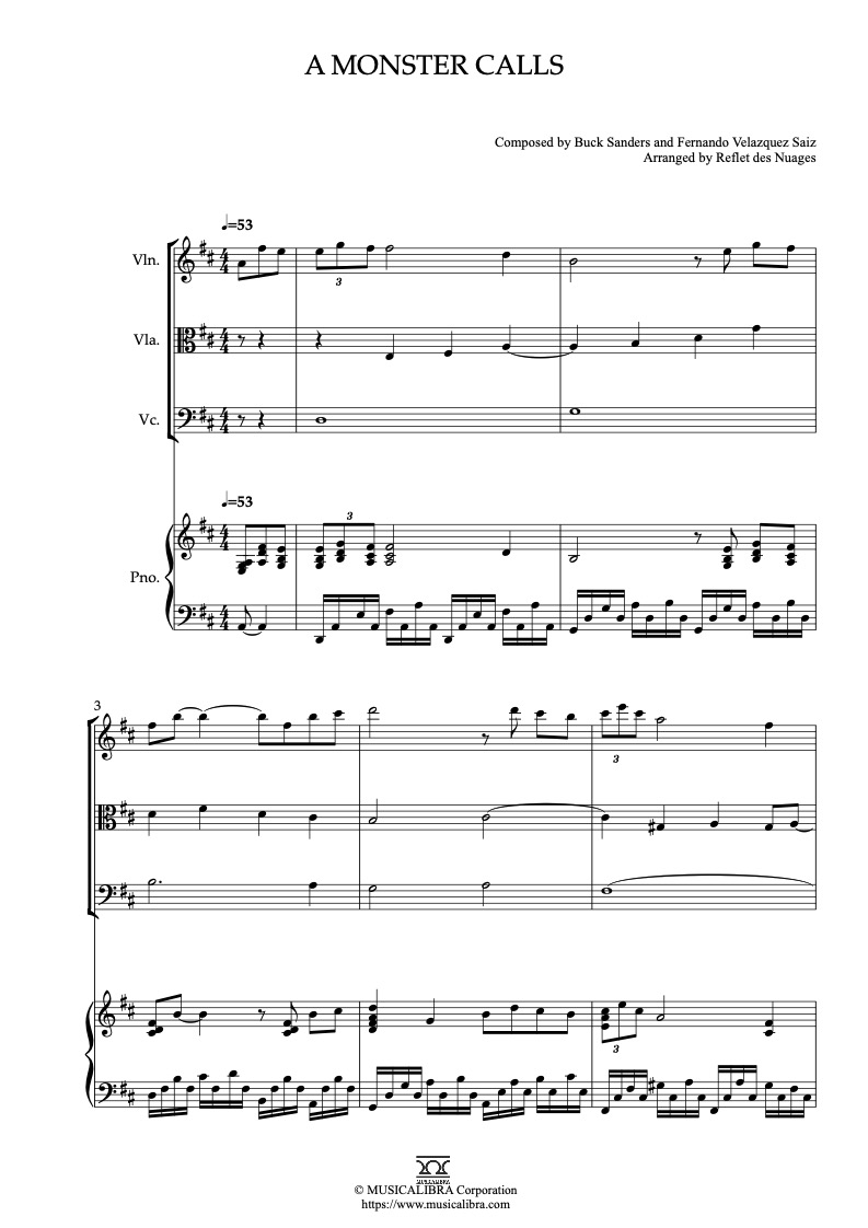 Sheet music of A Monster Calls arranged for violin, viola, cello and piano quartet chamber ensemble preview page 1