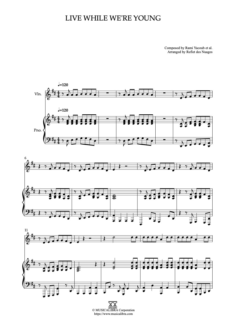 Sheet music of One Direction Live While We're Young arranged for violin and piano duet chamber ensemble preview page 1