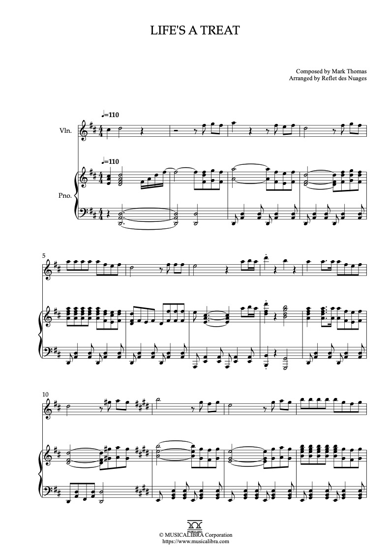 Partitura de Shaun the Sheep Life's a Treat arreglada para dueto de violín y piano