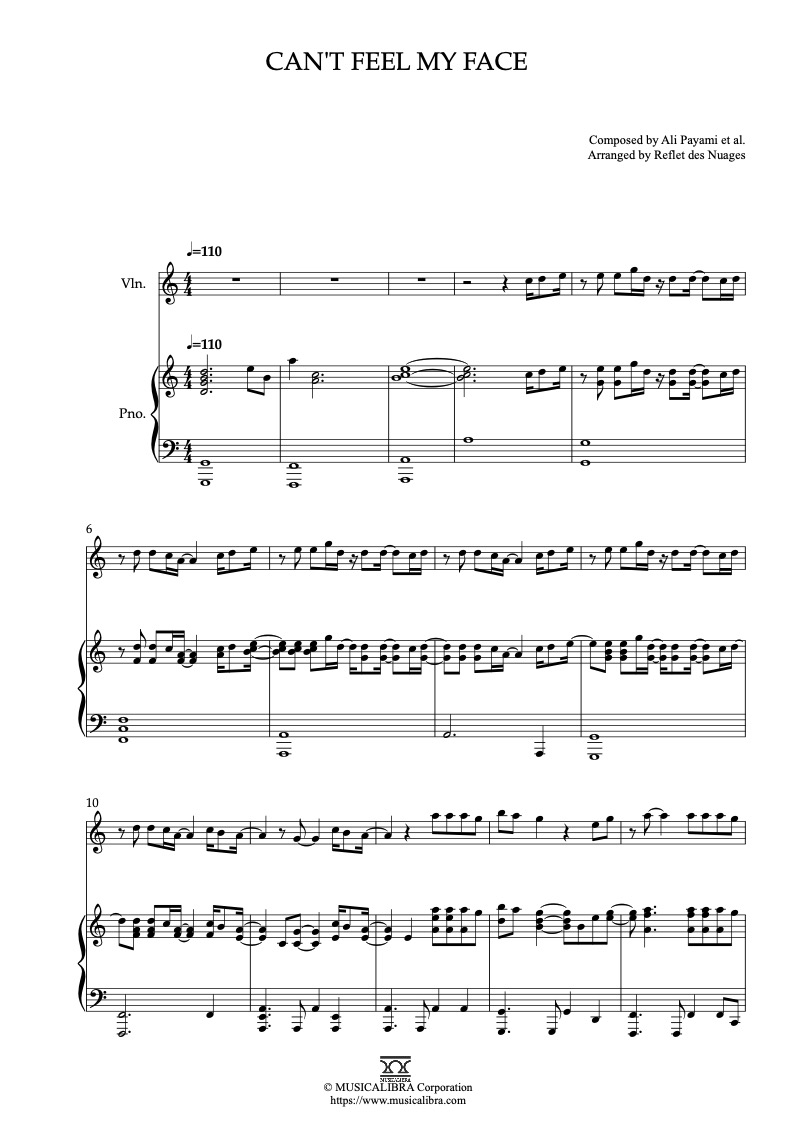 Sheet music of The Weeknd Can't Feel My Face arranged for violin and piano duet chamber ensemble preview page 1