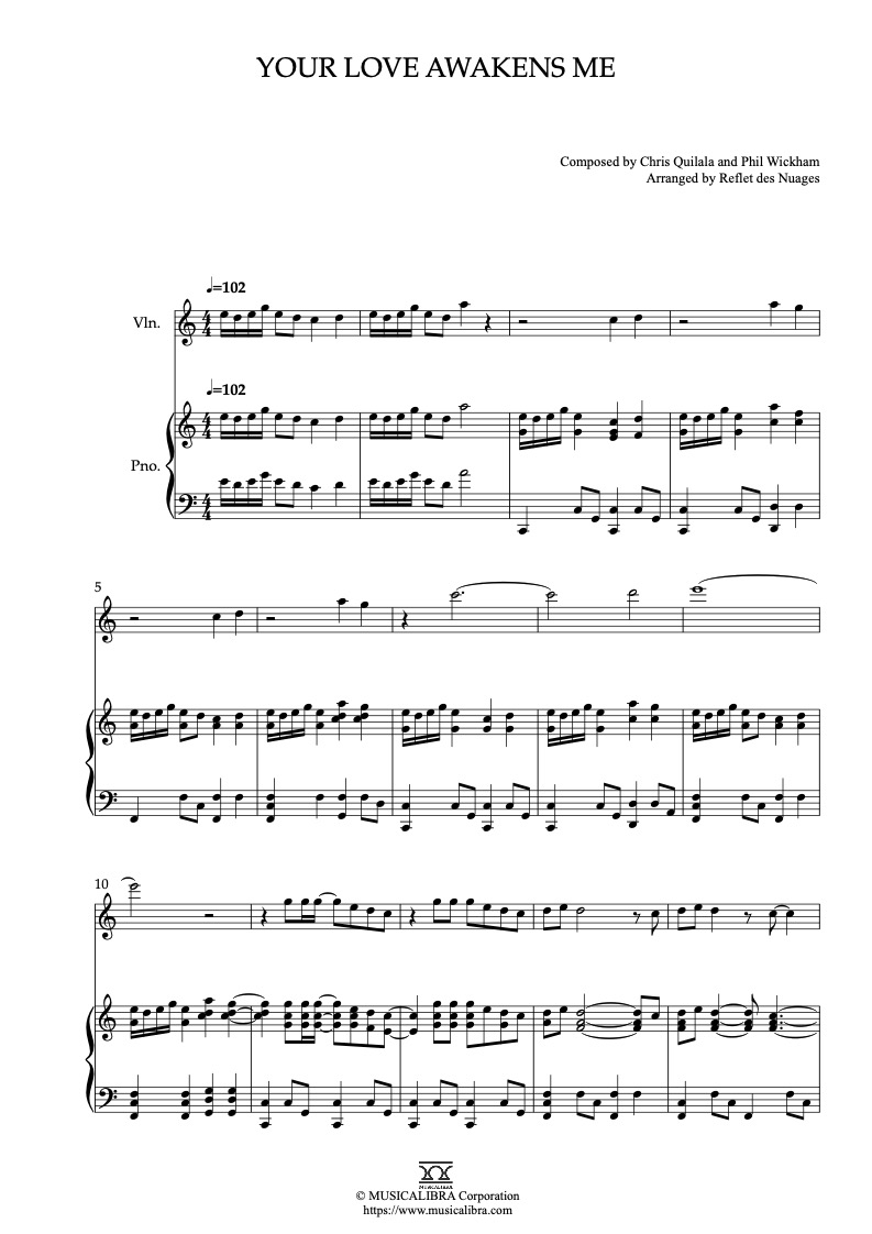 Sheet music of Phil Wickham Your Love Awakens Me arranged for violin and piano duet chamber ensemble preview page 1