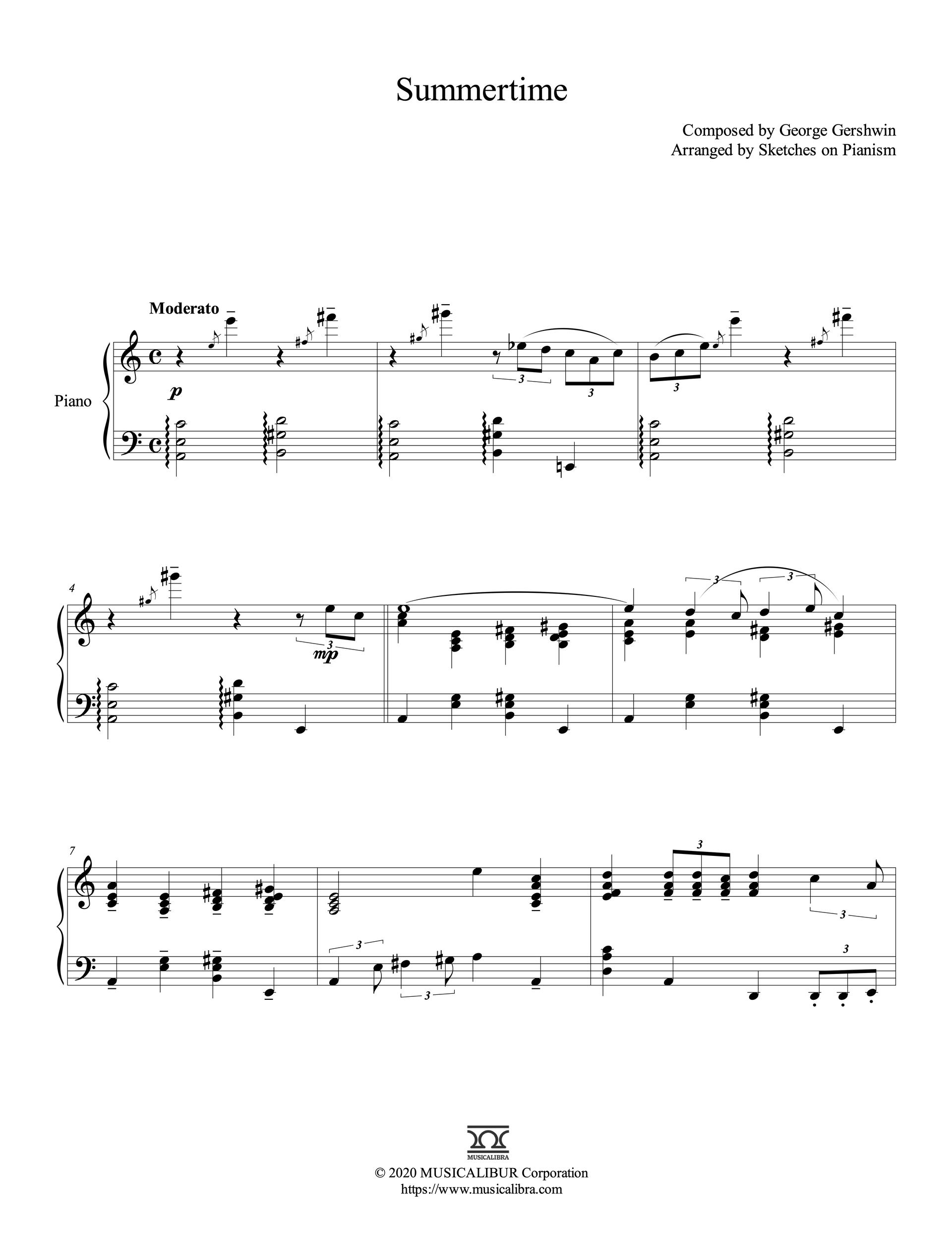 Sheet music of George Gershwin's Summertime arranged for piano solo preview page 1