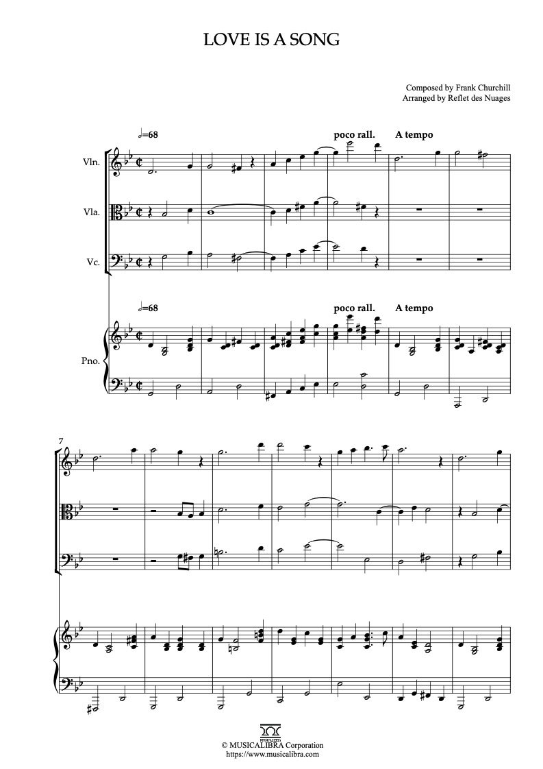 Partitura de Bambi Love Is a Song arreglada para cuarteto de violín, viola, violonchelo y piano
