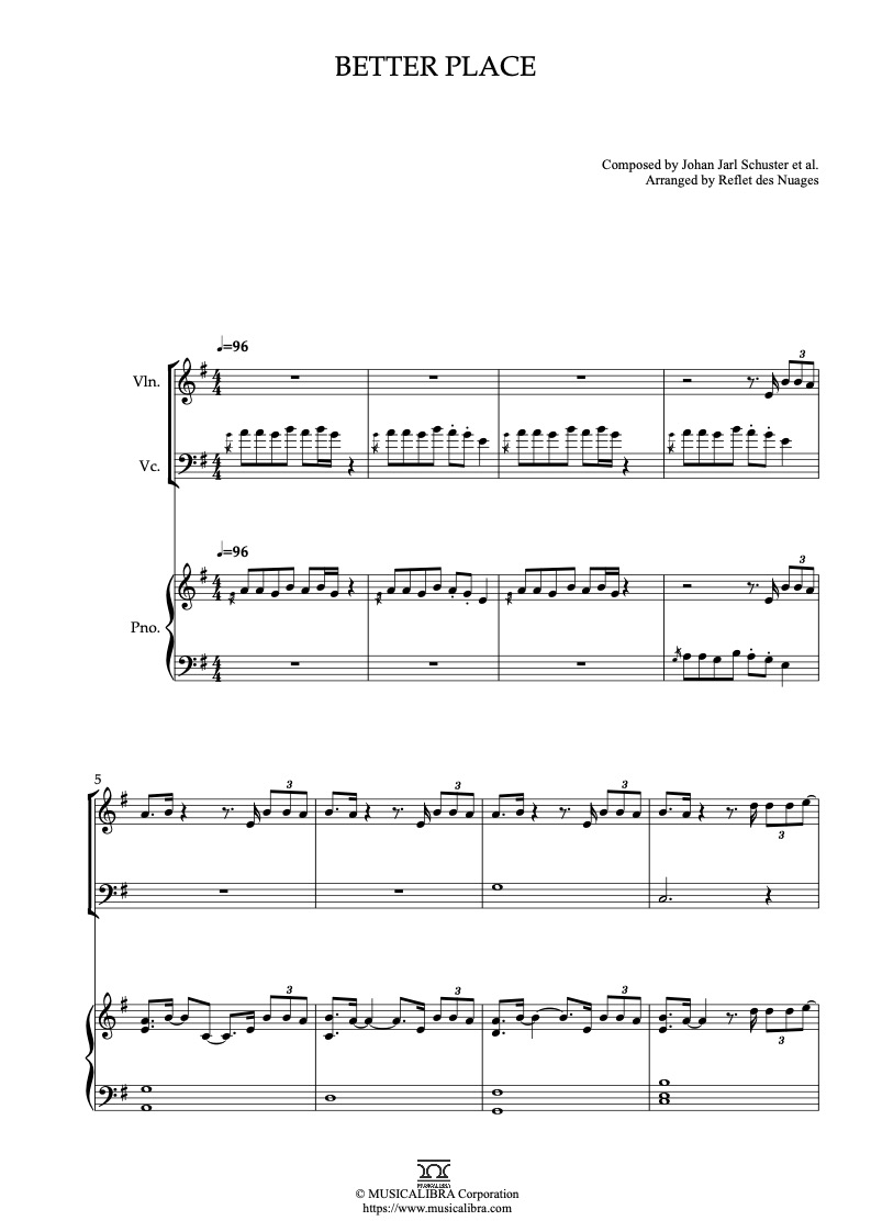 Sheet music of Trolls Band Together Better Place arranged for violin, cello and piano trio chamber ensemble preview page 1