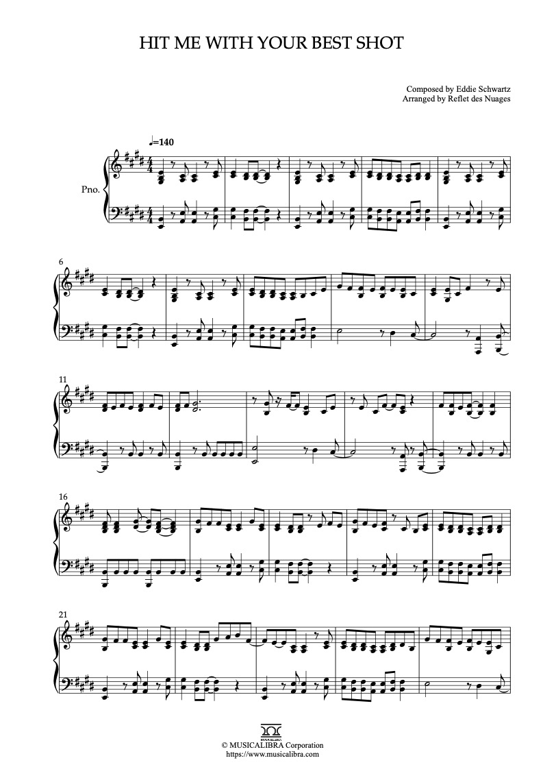 Sheet music of Pat Benatar Hit Me With Your Best Shot arranged for piano solo preview page 1