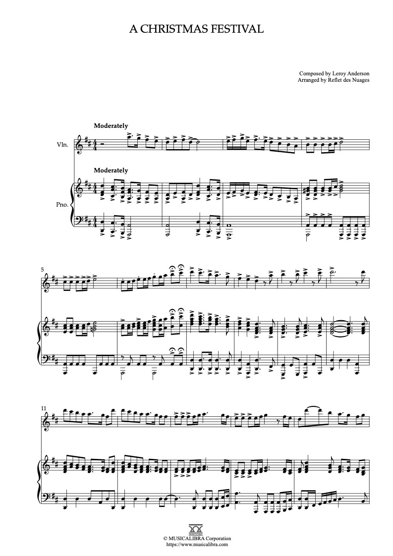 Sheet music of A Christmas Festival arranged for violin and piano duet preview page 1
