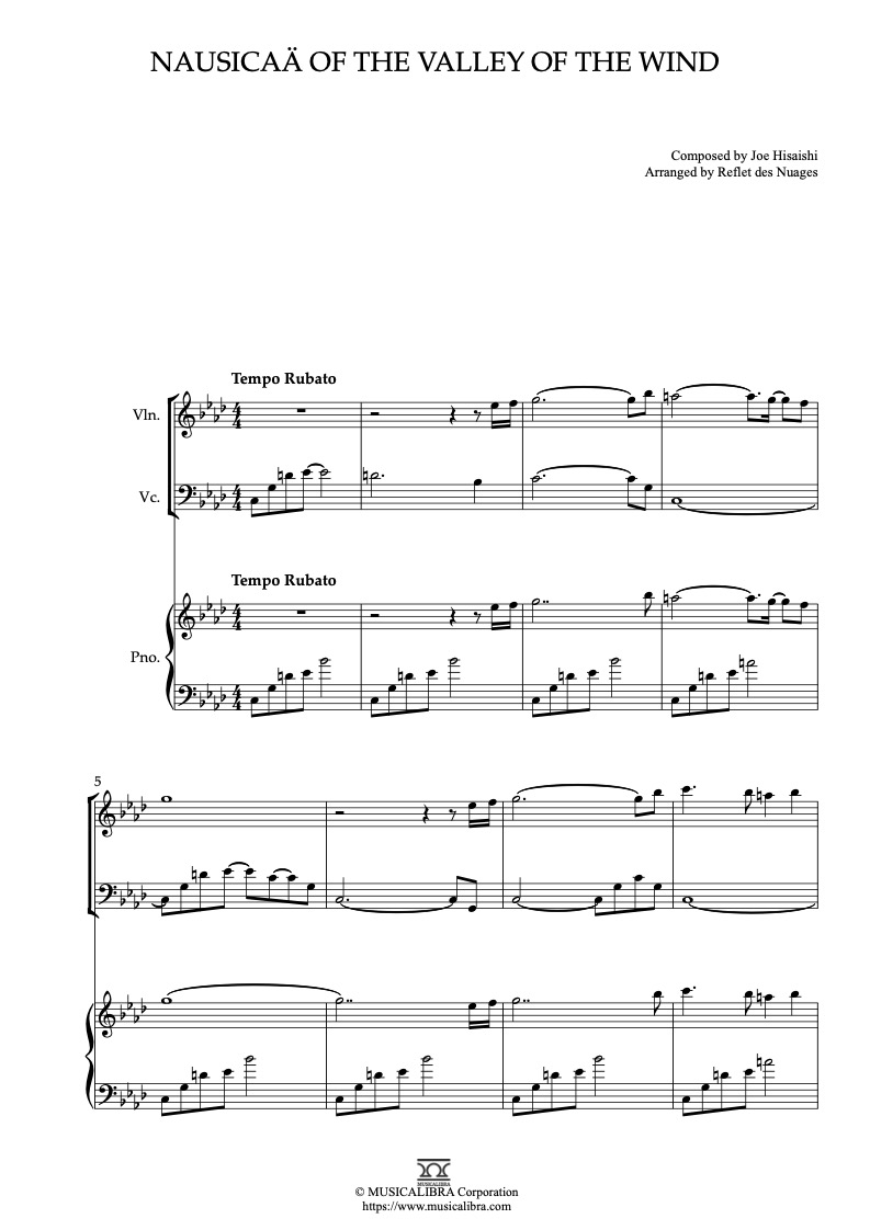 Sheet music of Nausicaä of the Valley of the Wind arranged for violin, cello and piano trio chamber ensemble preview page 1