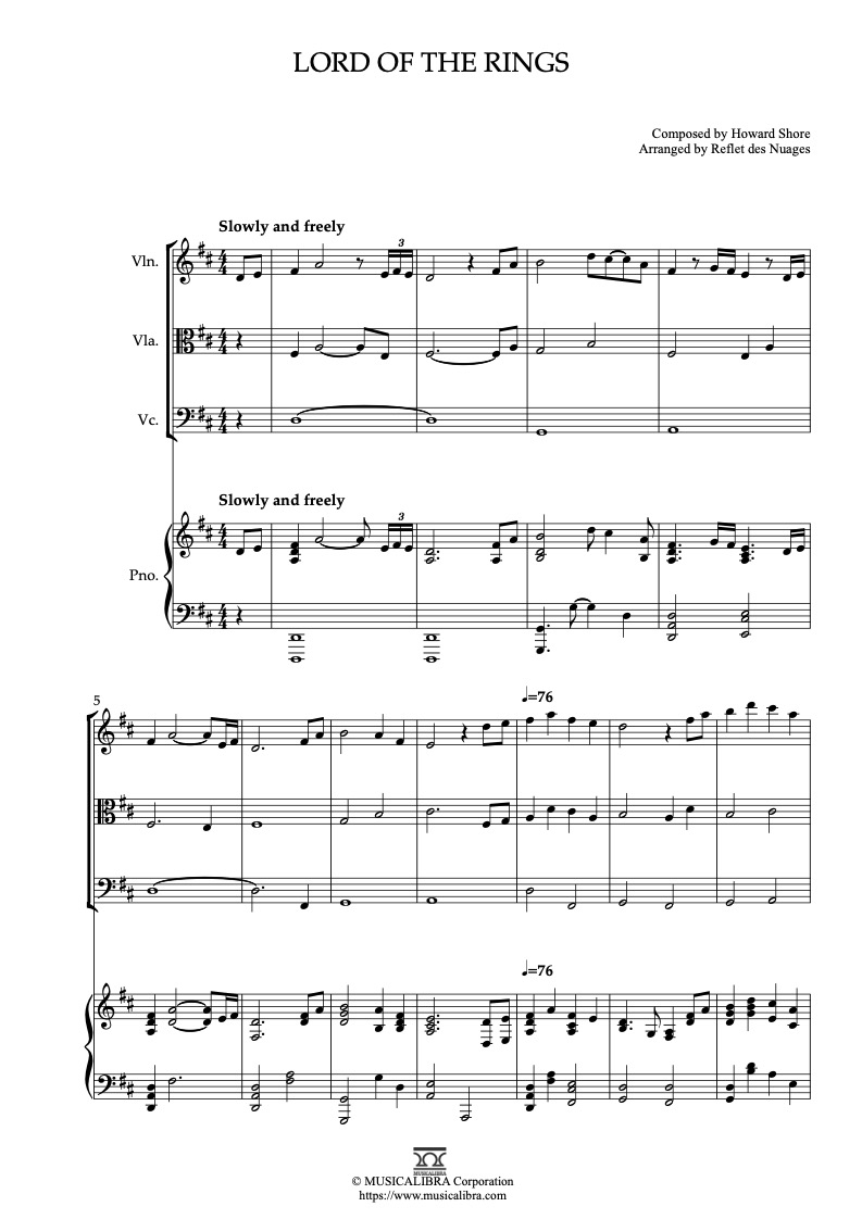 Partitura de Lord of the Rings arreglada para cuarteto de violín, viola, violonchelo y piano