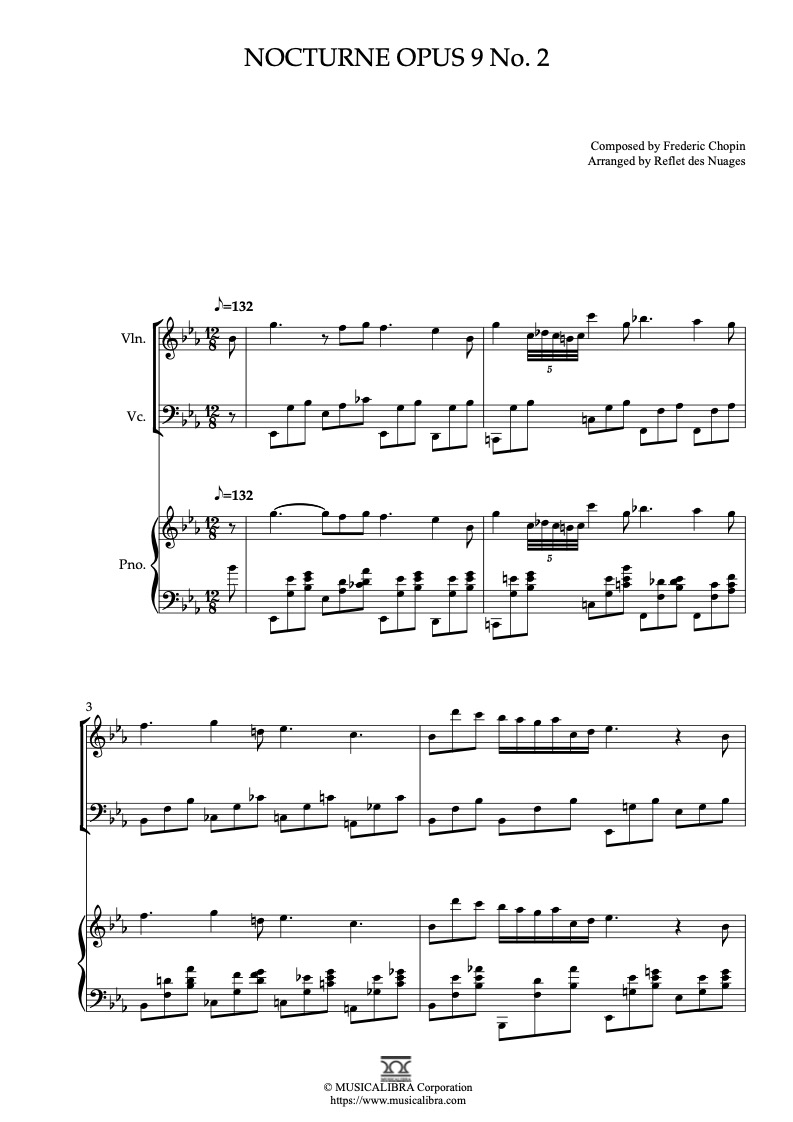 Sheet music of Nocturne Opus 9 No.2 arranged for violin, cello and piano trio chamber ensemble preview page 1