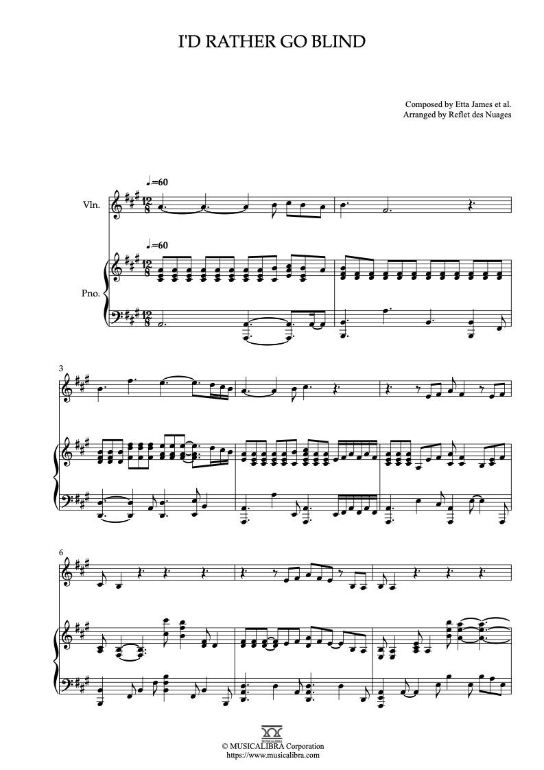 Partitura de I'd Rather Go Blind arreglada para dueto de violín y piano