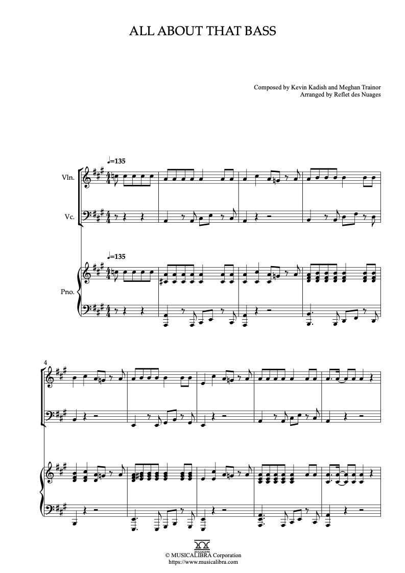 Sheet music of Meghan Trainor All About That Bass arranged for violin, cello and piano trio chamber ensemble preview page 1
