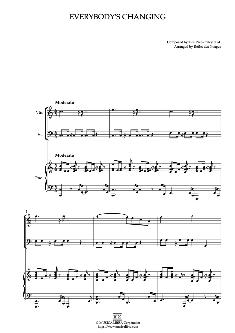 Partitura de Everybody's Changing arreglada para trío de violín, violonchelo y piano