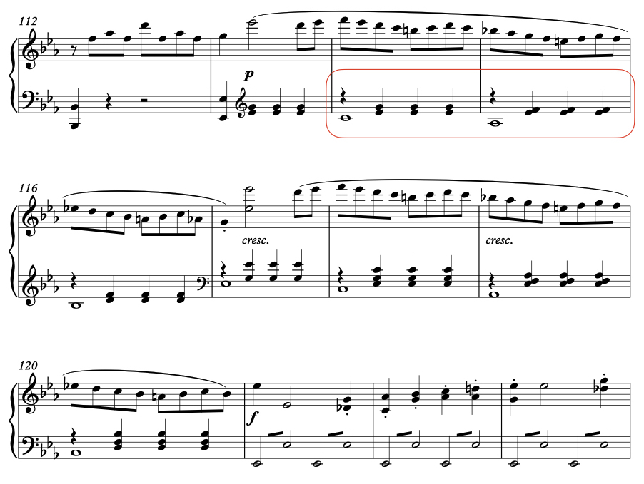 Analysis of Beethoven Piano Sonata No. 8 in C minor, Op. 13, "Sonata Pathétique" - mm. 112 - 123. Codetta