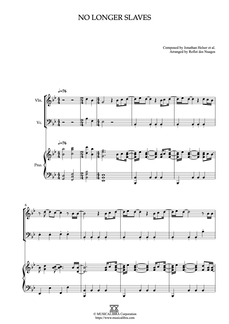 Bethel Music No Longer Slaves 三重奏 乐谱 - 小提琴, 大提琴, 钢琴