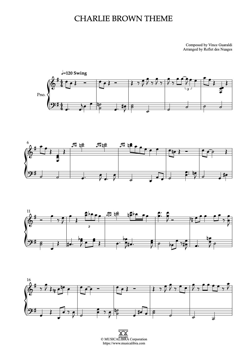 Partitura de It's the Great Pumpkin, Charlie Brown Charlie Brown Theme arreglada para piano solo