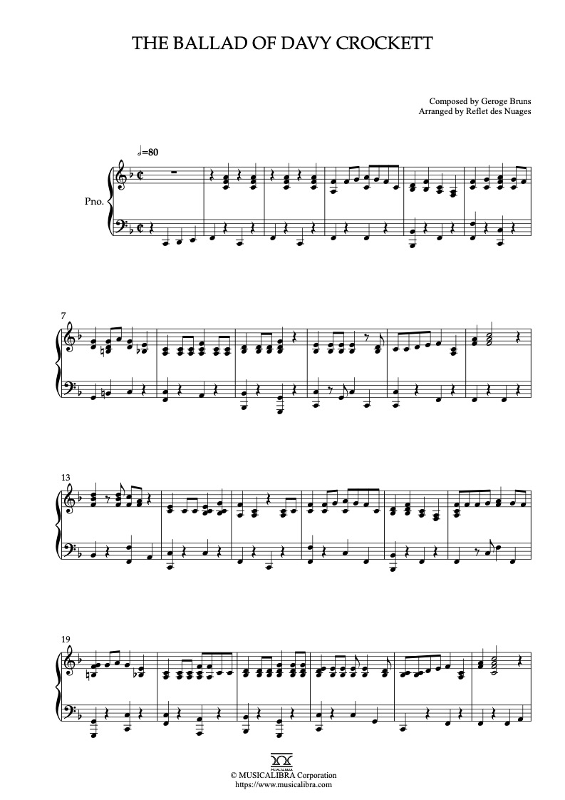 Partitura de The Ballad of Davy Crockett arreglada para piano solo