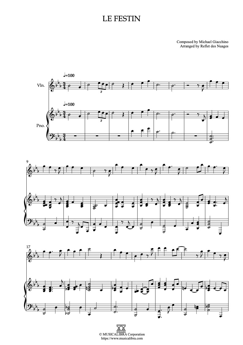 Ratatouille Le Festin 編曲楽譜 - ヴァイオリン、ピアノデュエット