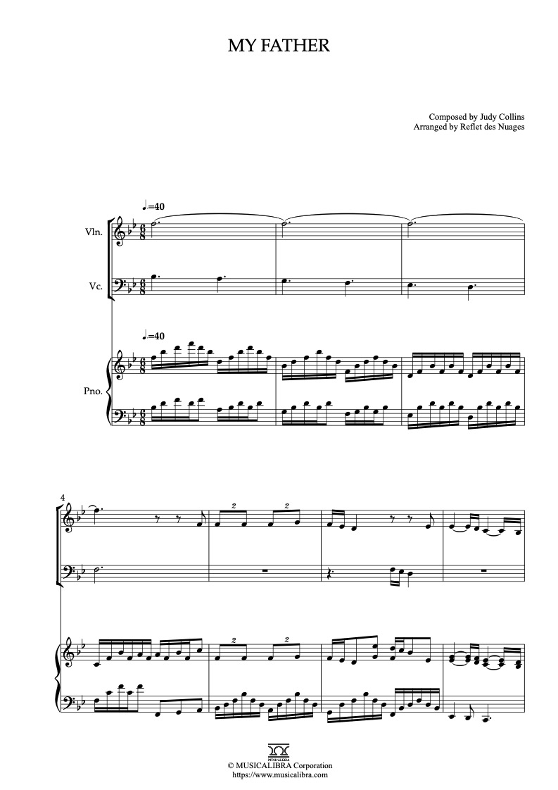 Sheet music of Judy Collins My Father arranged for violin, cello and piano trio chamber ensemble preview page 1