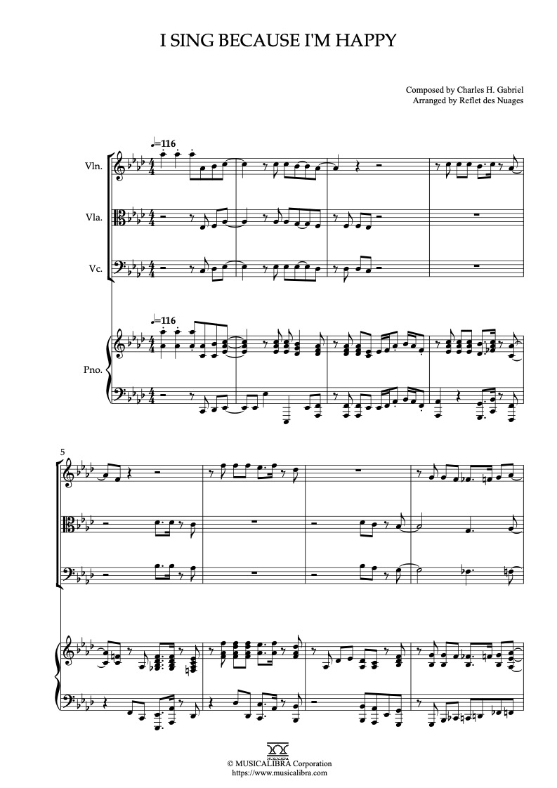 Sheet music of I Sing Because I'm Happy arranged for violin, viola, cello and piano quartet chamber ensemble preview page 1