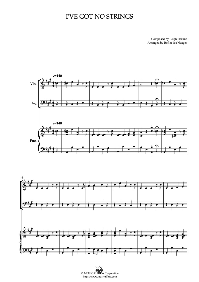 Sheet music of Pinocchio I've Got No Strings arranged for violin, cello and piano trio chamber ensemble preview page 1