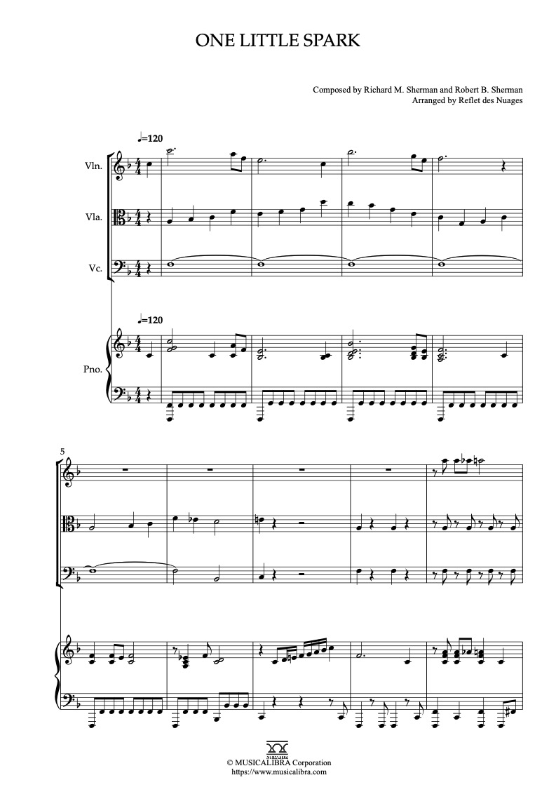Partitura de One Little Spark arreglada para cuarteto de violín, viola, violonchelo y piano