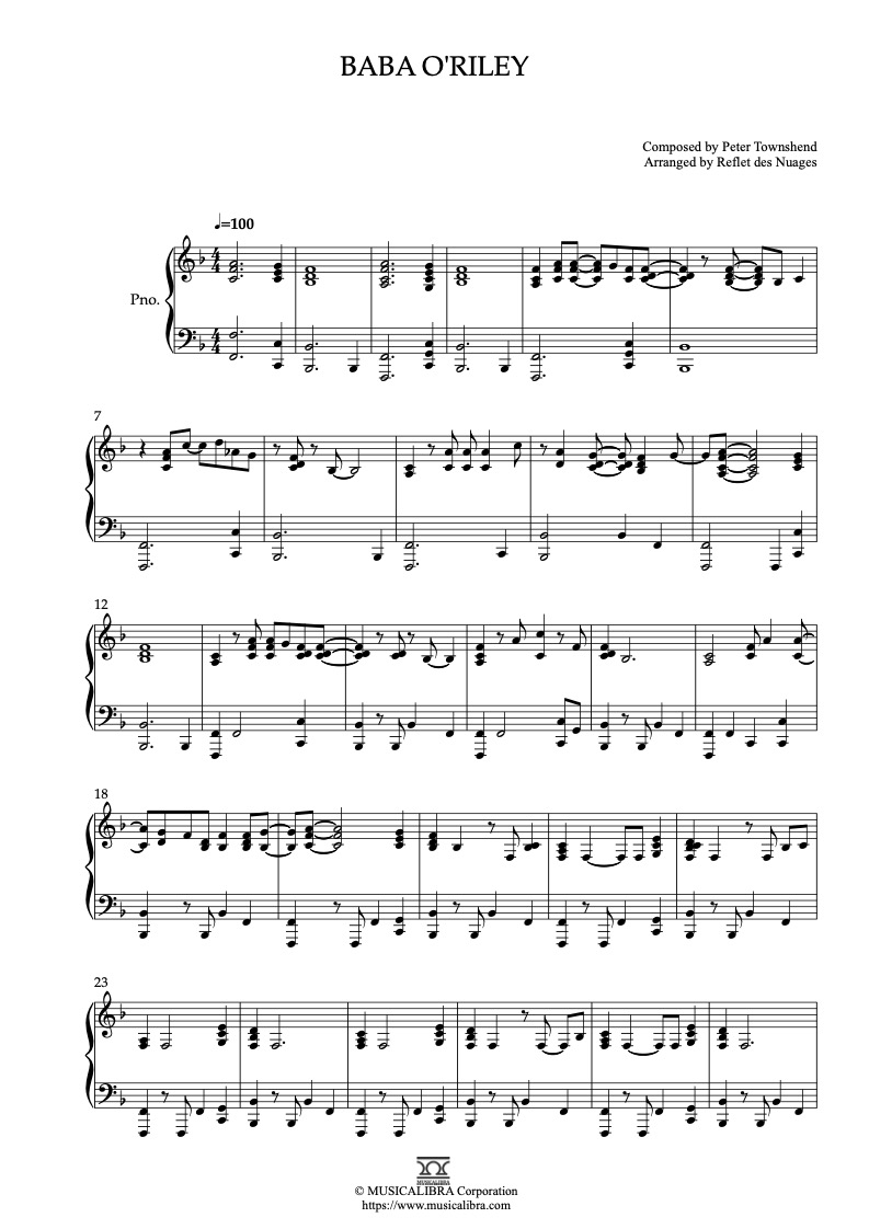 Partitura de The Who Baba O'Riley arreglada para piano solo