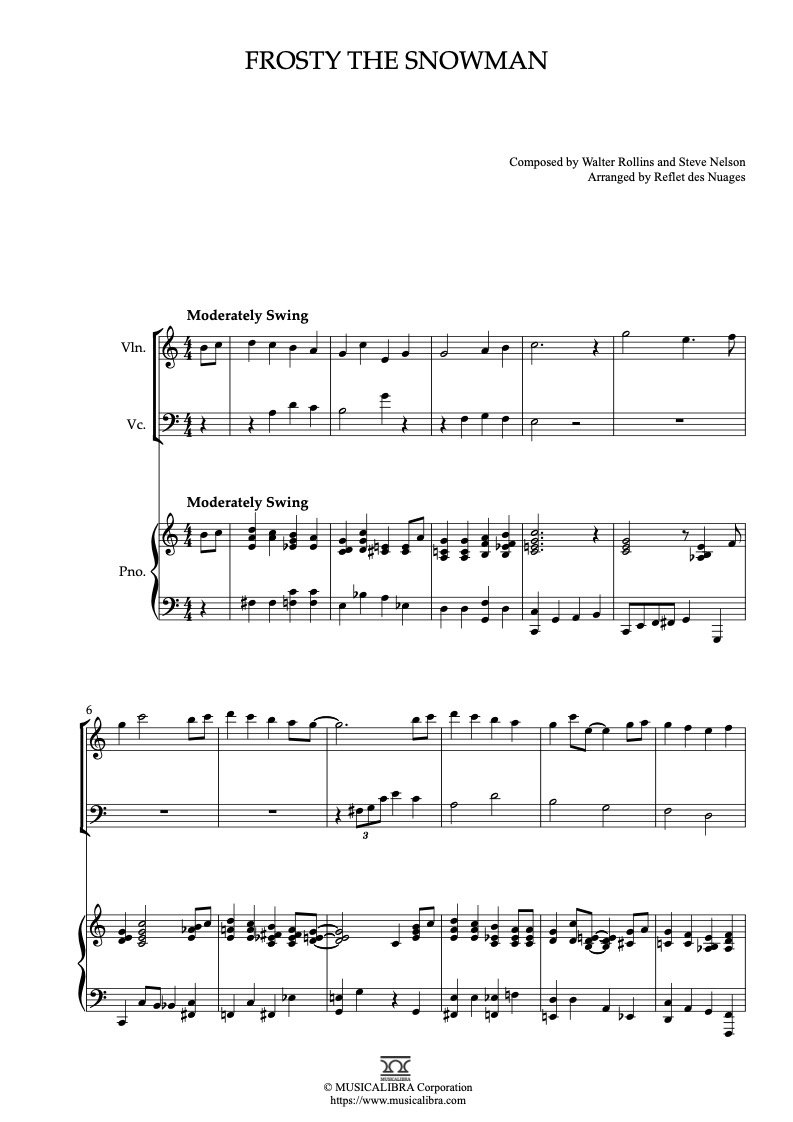 Walter Rollins & Steve Nelson Frosty the Snowman 編曲楽譜 - ヴァイオリン、チェロ、ピアノトリオ