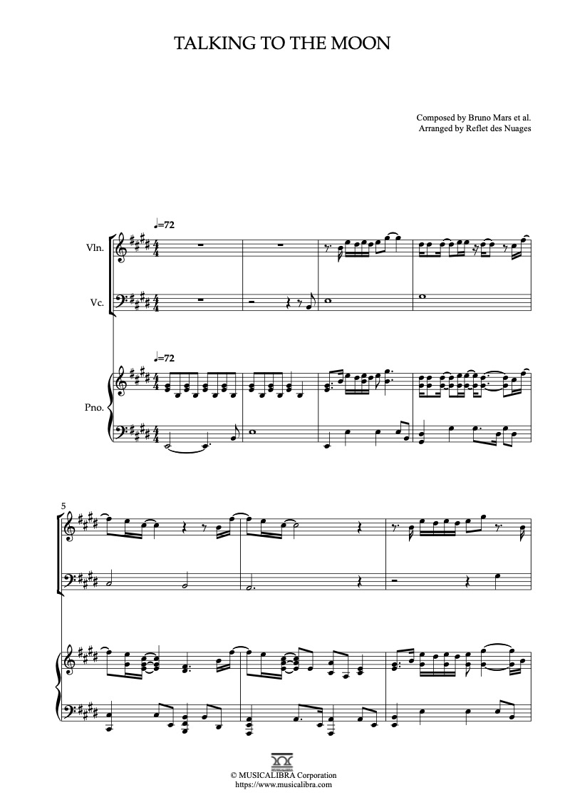 Sheet music of Bruno Mars Talking to the Moon arranged for violin, cello and piano trio chamber ensemble preview page 1
