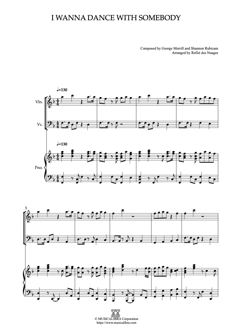 Partitura de Whitney Houston I Wanna Dance With Somebody arreglada para trío de violín, violonchelo y piano
