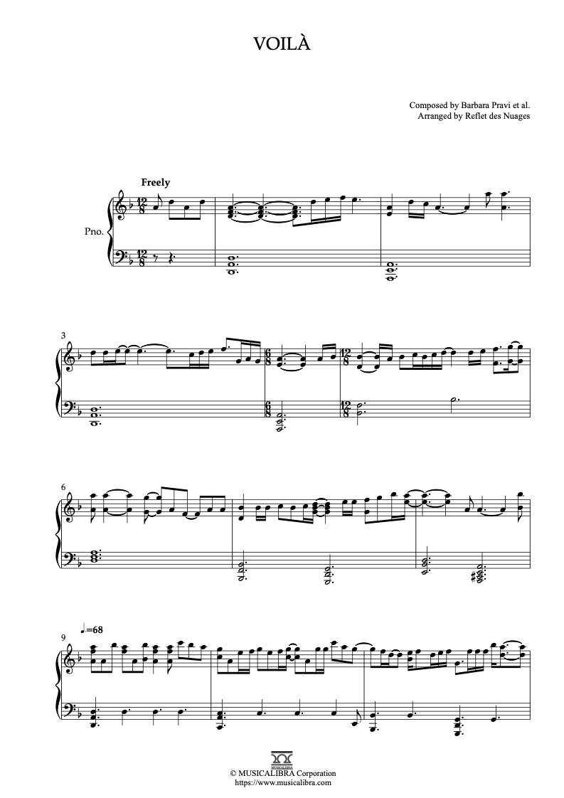 Partitura de Barbara Pravi Voilà arreglada para piano solo