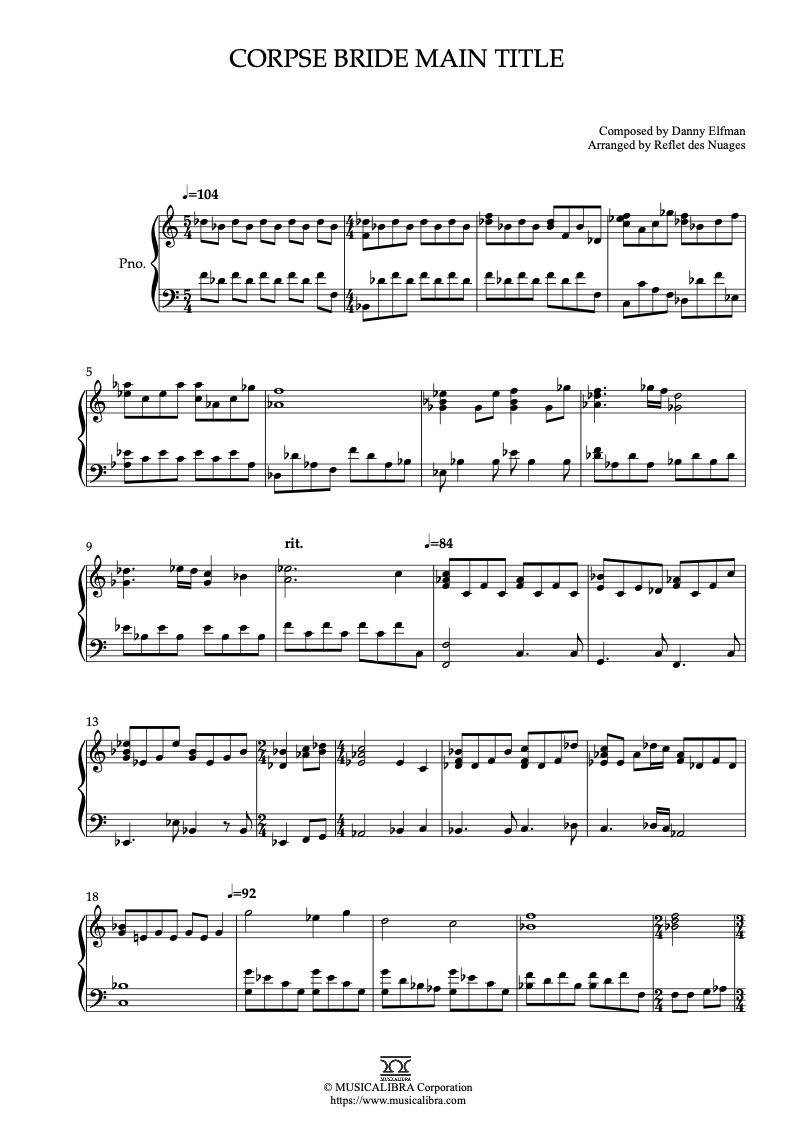 Partitura de Corpse Bride Main Title arreglada para piano solo