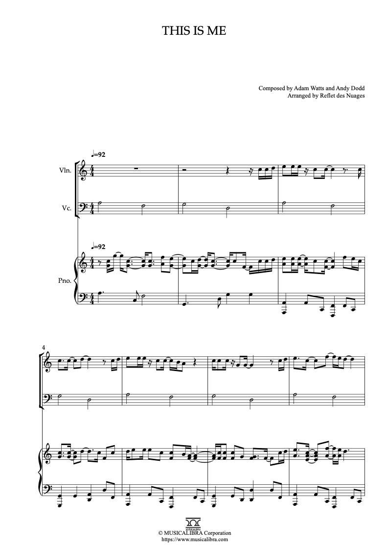 The Camp Rock This Is Me 編曲楽譜 - ヴァイオリン、チェロ、ピアノトリオ