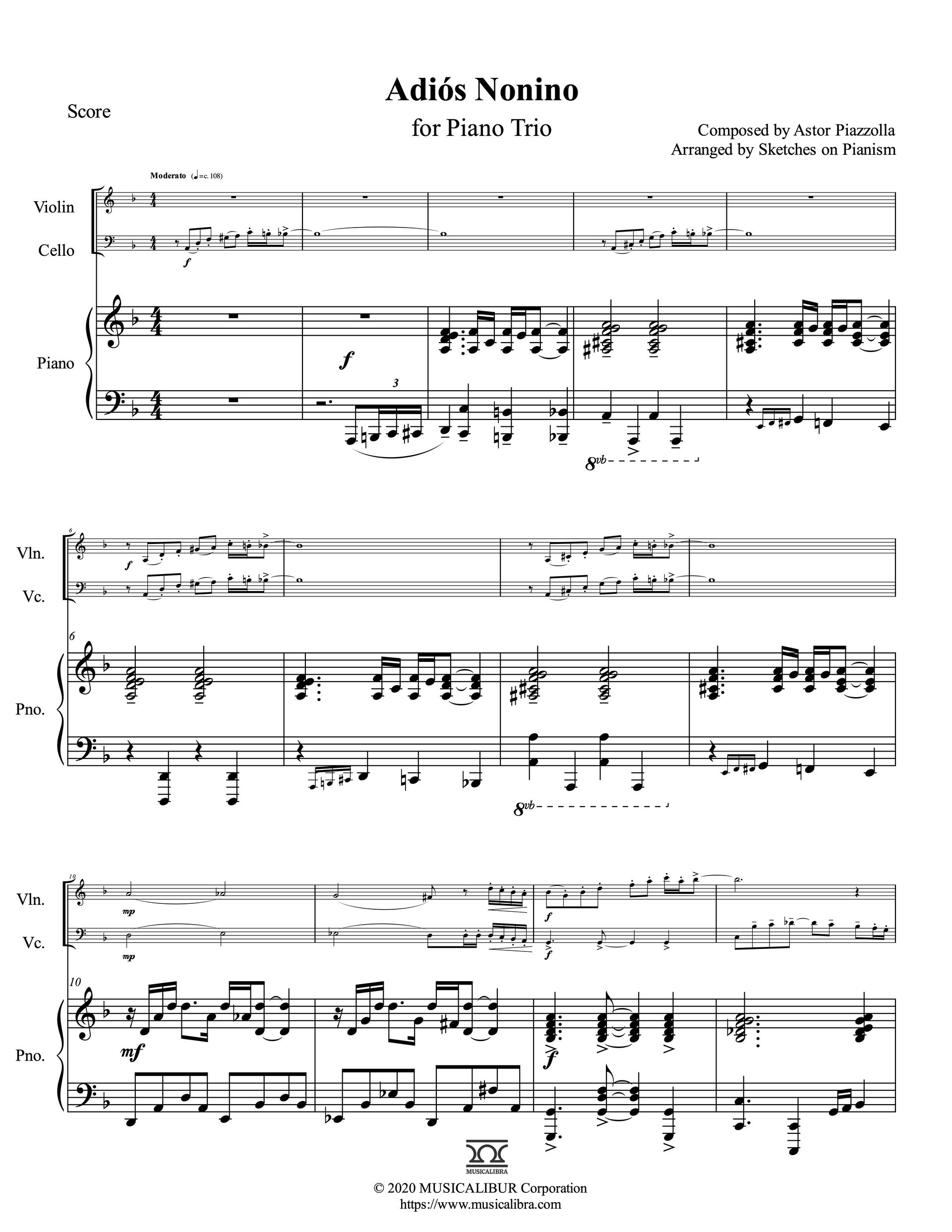 Sheet music of Adiós Nonino arranged for violin, cello and piano trio chamber ensemble preview page 1