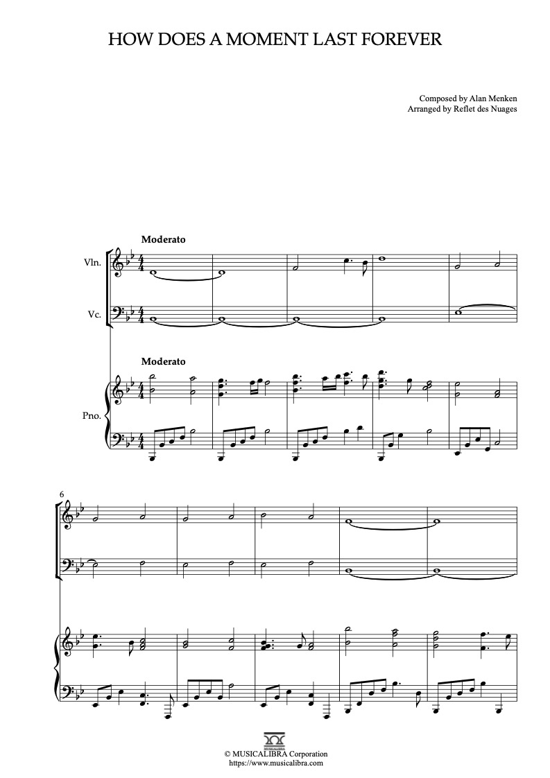 Partitura de Beauty and the Beast Theme How Does a Moment Last Forever arreglada para trío de violín, violonchelo y piano