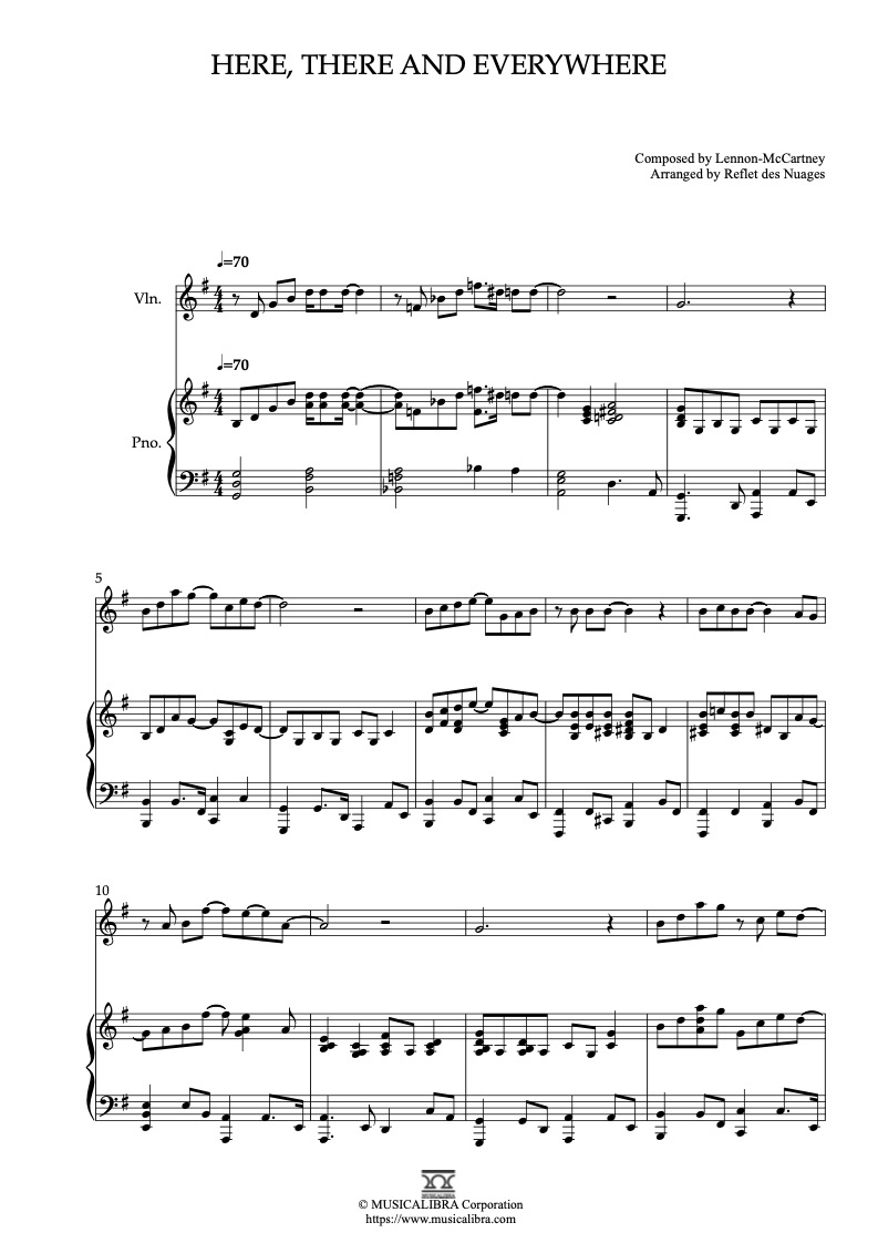 Sheet music of Here, There and Everywhere arranged for violin and piano duet chamber ensemble preview page 1